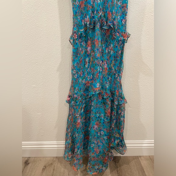 SALONI Rita Ruffle V-Neck Maxi Dress Blue Floral 100% Silk Size 4 - Picture 4 of 10